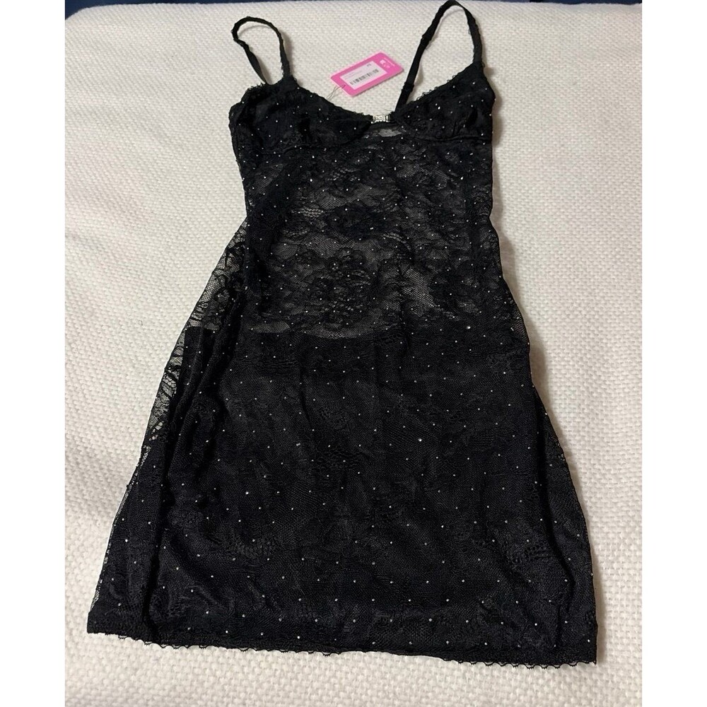 Edikted Black Lace Mini Dress with Rhinestone Details Size XS NWT